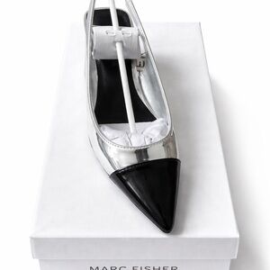 Marc Fisher Silver Slingback Flats with Black Pointed Toe